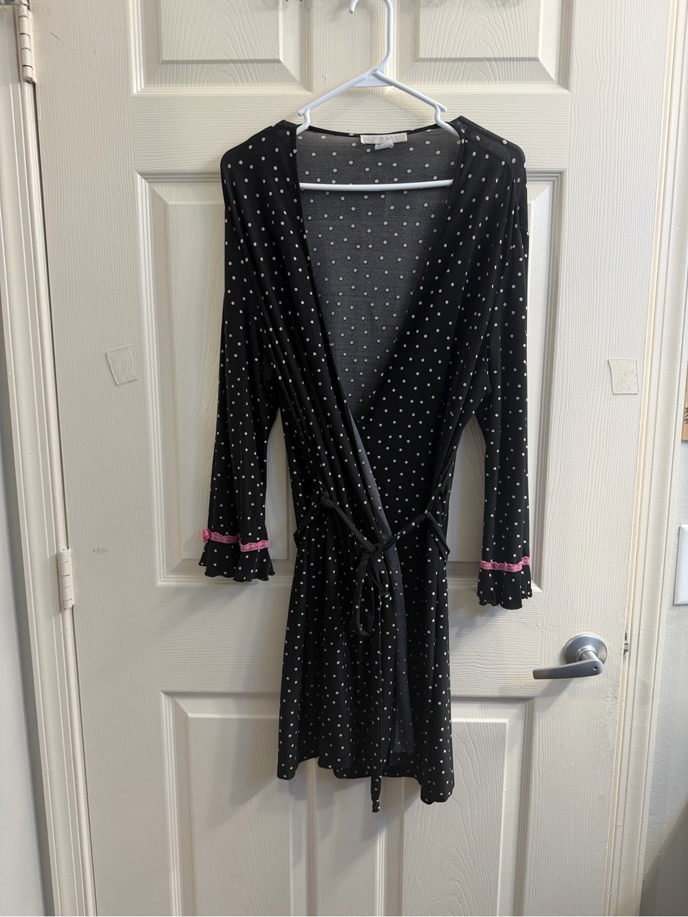 Black Polka Dot Wrap Robe with Pink Trim